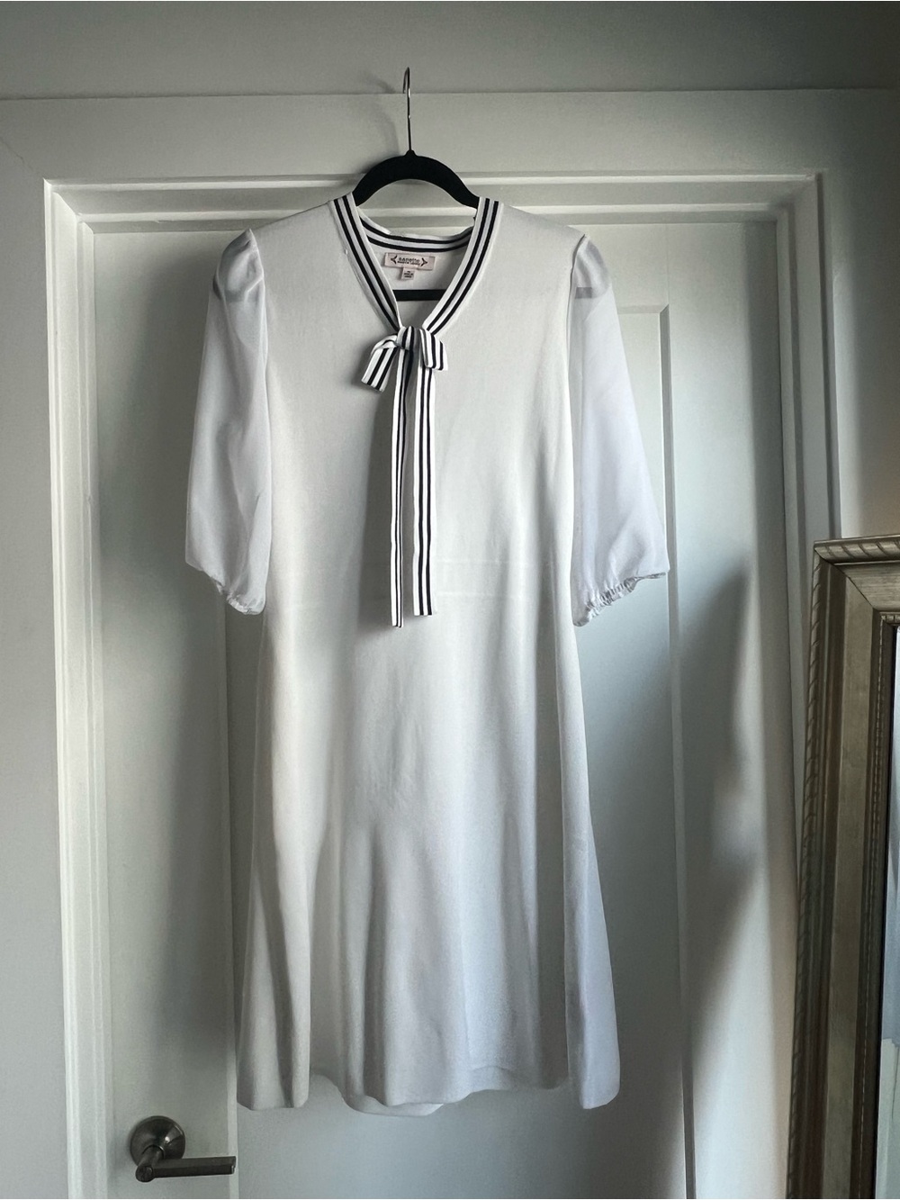 Nanette Lepore White Knit Tie-Neck Top with Navy Stripe